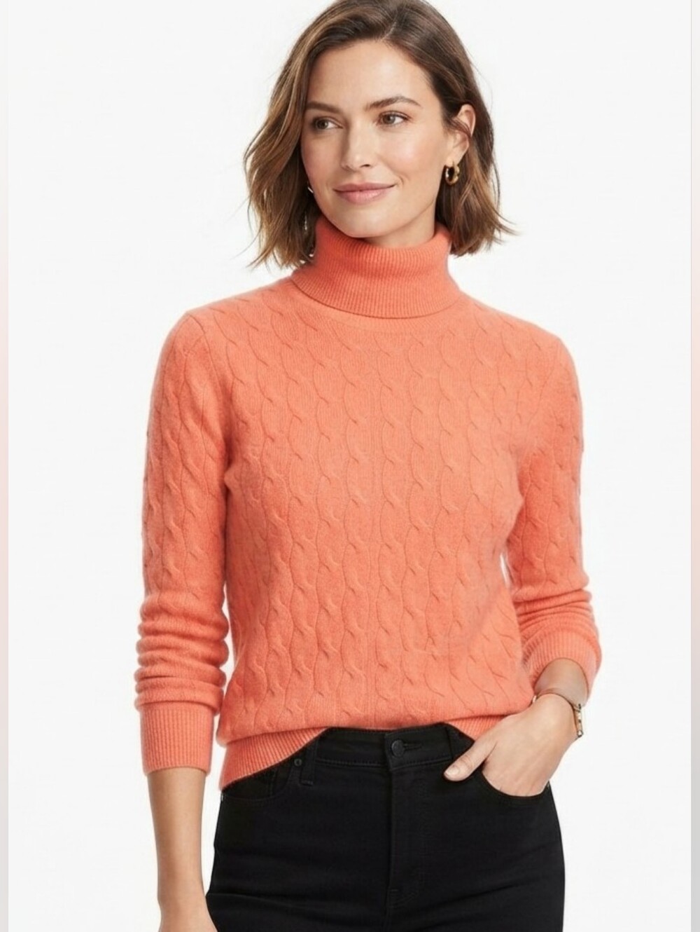 Madison Studio 100% Cashmere Cable Knit Turtleneck Sweater Coral Size Medium